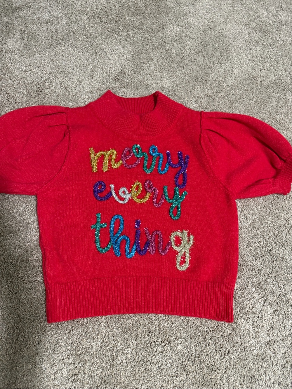 Peach Love California Red Holiday 'Merry Every Thing' Puff Sleeve Sweater